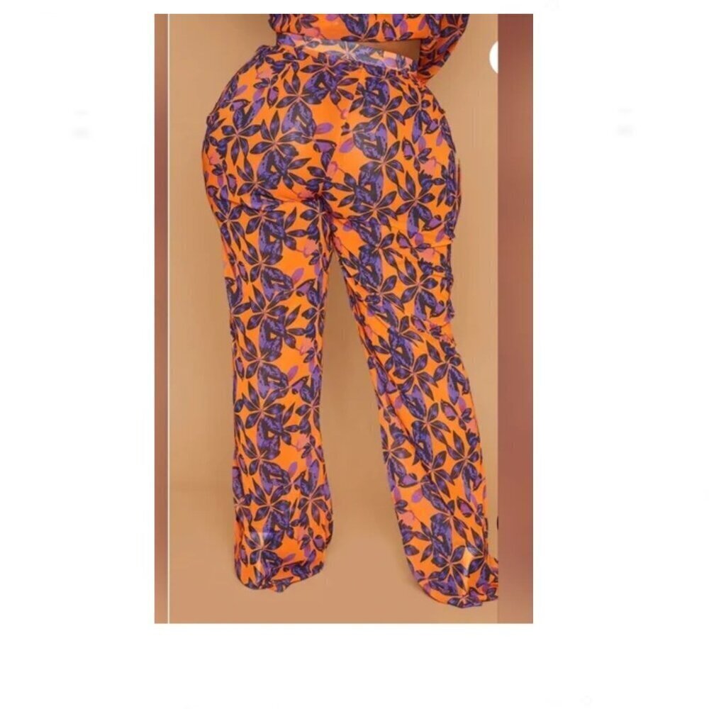 PrettyLittleThing NWT Plus Orange Print Beach Flares Size 24 Semi Sheer - Picture 3 of 4